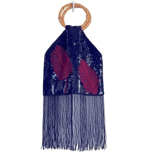 Vintage 90s Fringe Beaded Sequin Feather Bamboo Handle Bag, Burgundy Black - Picture 1 of 9